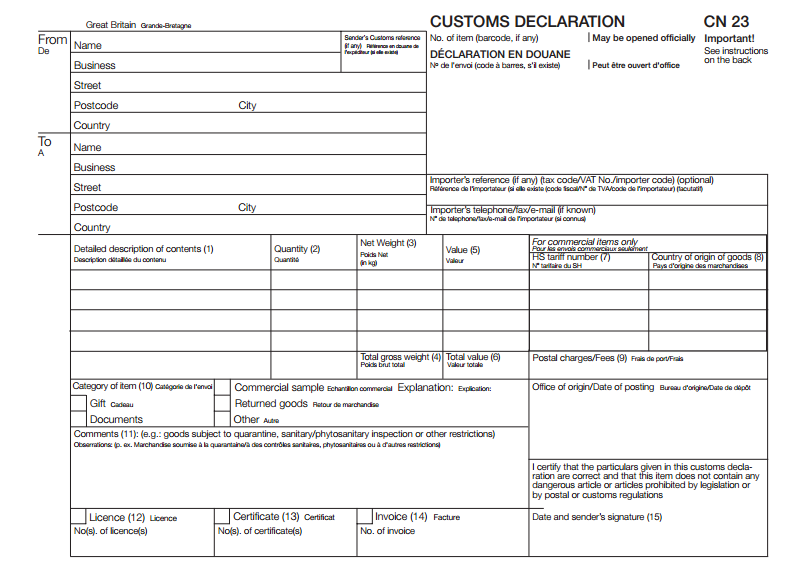 Printable Customs Declaration Form Cn23 Images And Photos Finder
